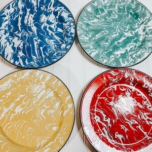 Vintage Set of 4 Colorful Enamelware Plates | Red Yellow Green Blue